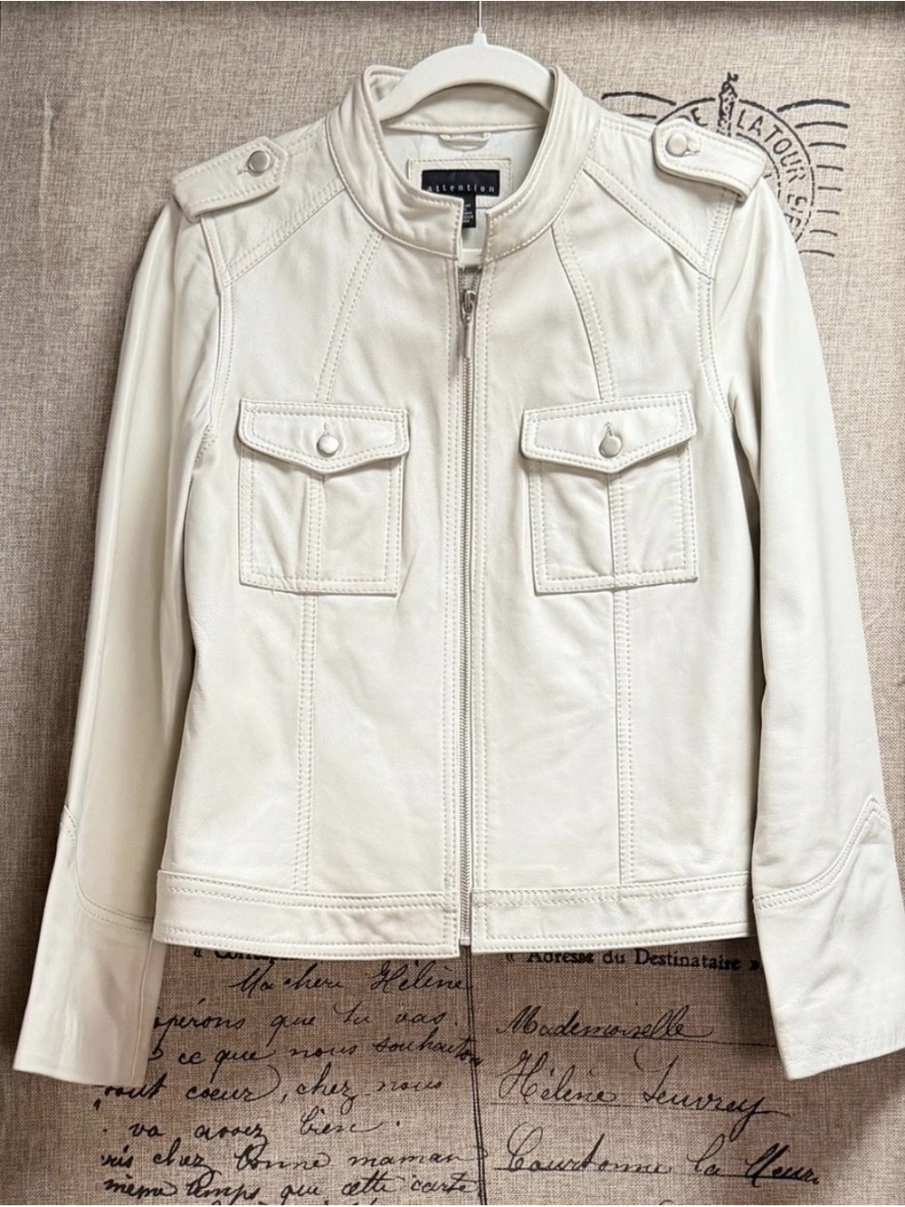 Vintage White Leather Moto Jacket